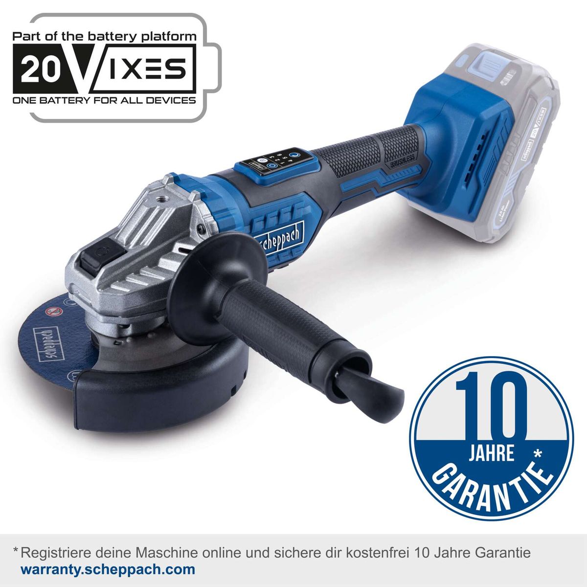 Der Akku-Winkelschleifer BC-AG125-X von Scheppach ist Teil der 20VIXES Batterieplattform. Eine Batterie für alle Geräte. 10 Jahre Garantie bei Online-Registrierung auf warranty.scheppach.com.