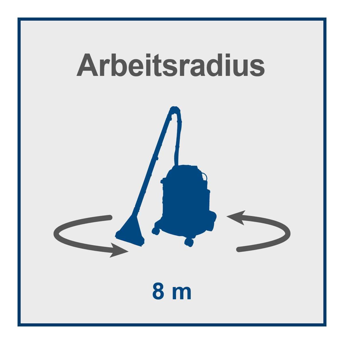 Der Nass- und Trockensauger ASP50-ES hat einen Arbeitsradius von 8 Metern. Der Arbeitsradius ist die Länge des Stromkabels, das mit dem Gerät geliefert wird.