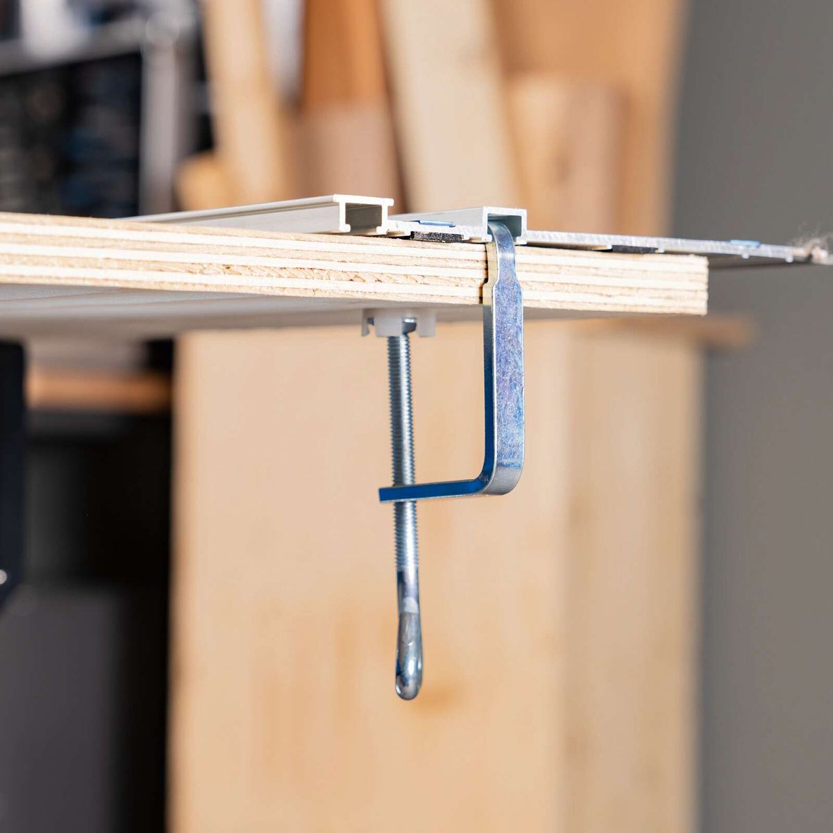 Tauchsäge mit Kipp- und Führungsschutzmechanismus, Fokus auf Führungsschiene und Kippverriegelung