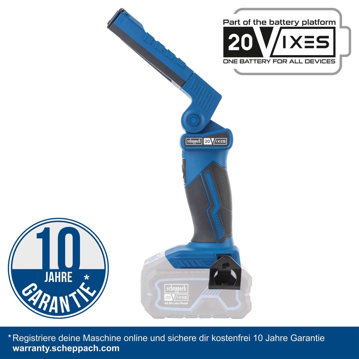 Akku-Arbeitsleuchte mit 10-jähriger Garantie, 20V, 20V-X-Serie, Scheppach, inkl. Batteriebehälter