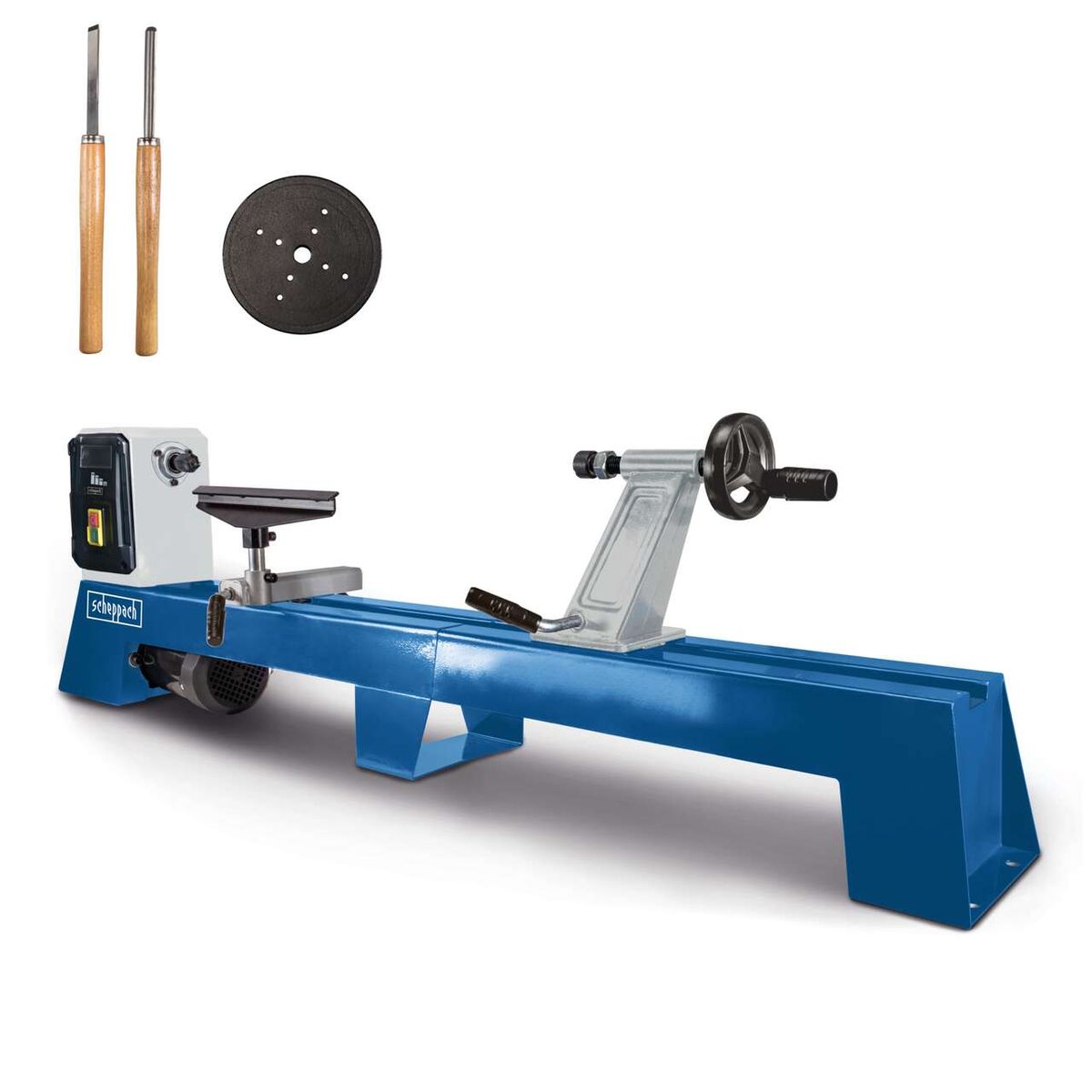 Scheppach-Drechselmaschine mit integriertem Zubehörset: Arbeitsbock, Halterungen, Bohrschablone und Werkzeugspanner für Holzwerkstücke.