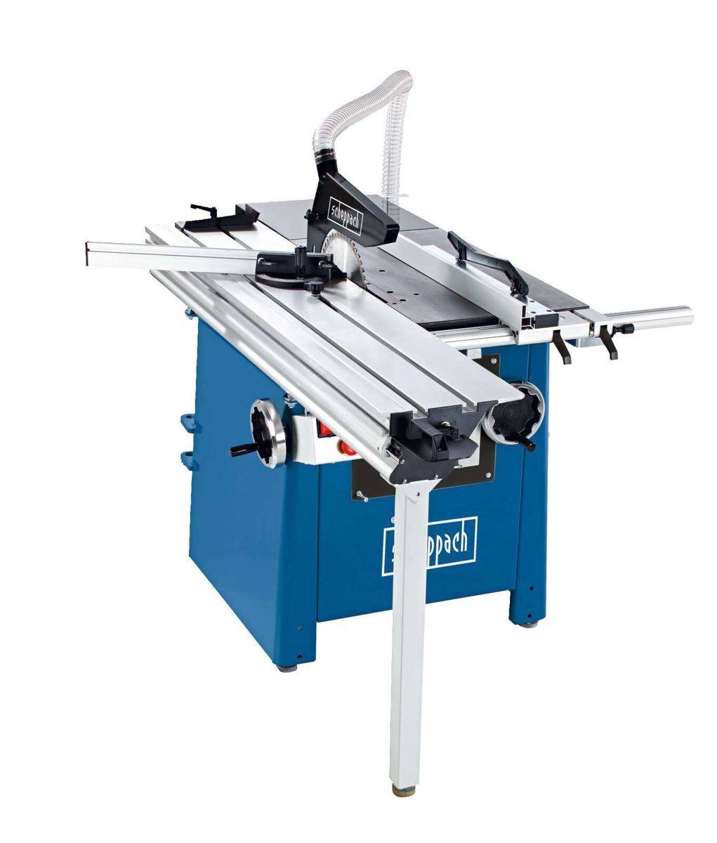 Scheppach-Formatkreissäge mit Arbeitsplatte, Tischlänge und Besäumlänge deutlich sichtbar