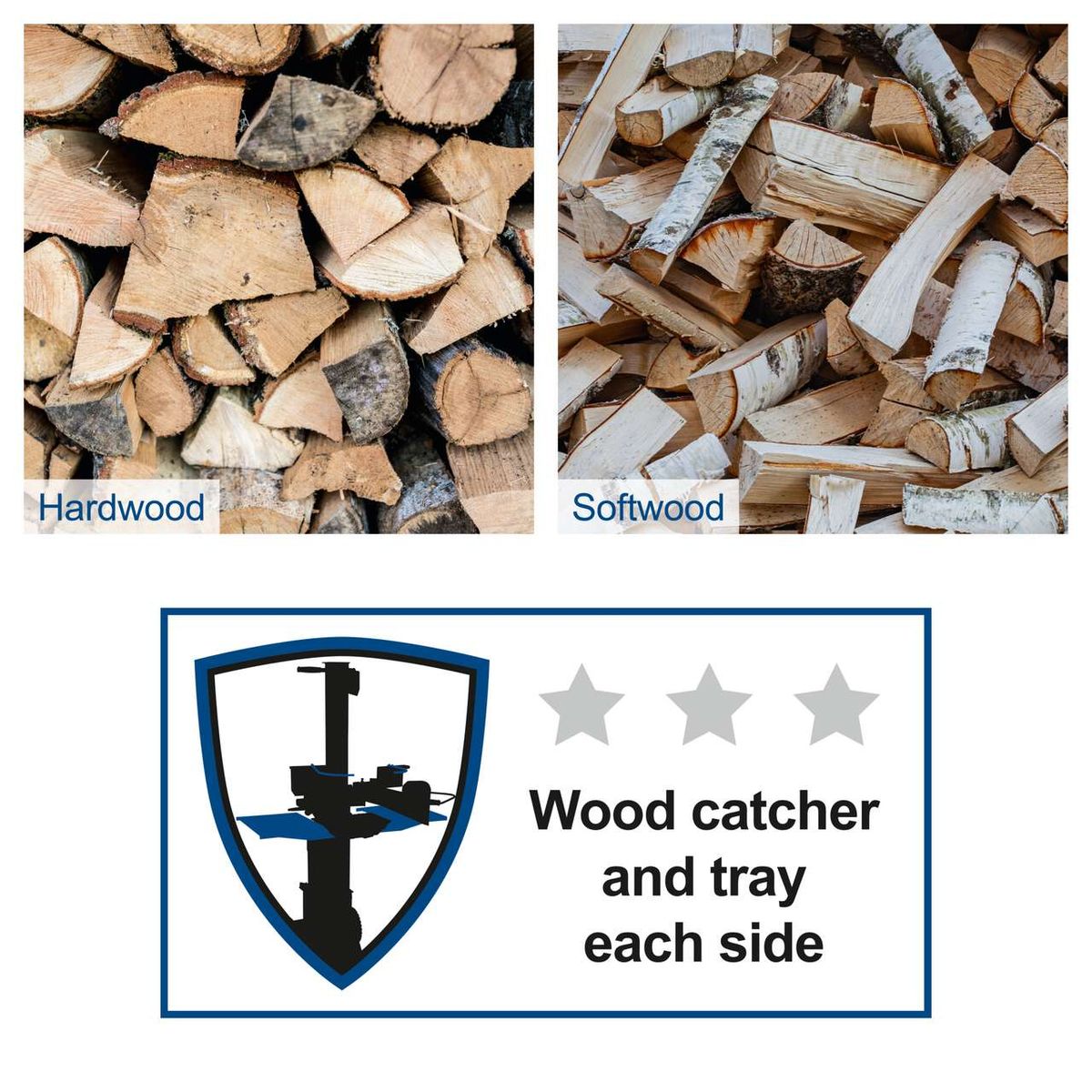 Log splitter with hardwood and softwood drop side, featuring tray for each side