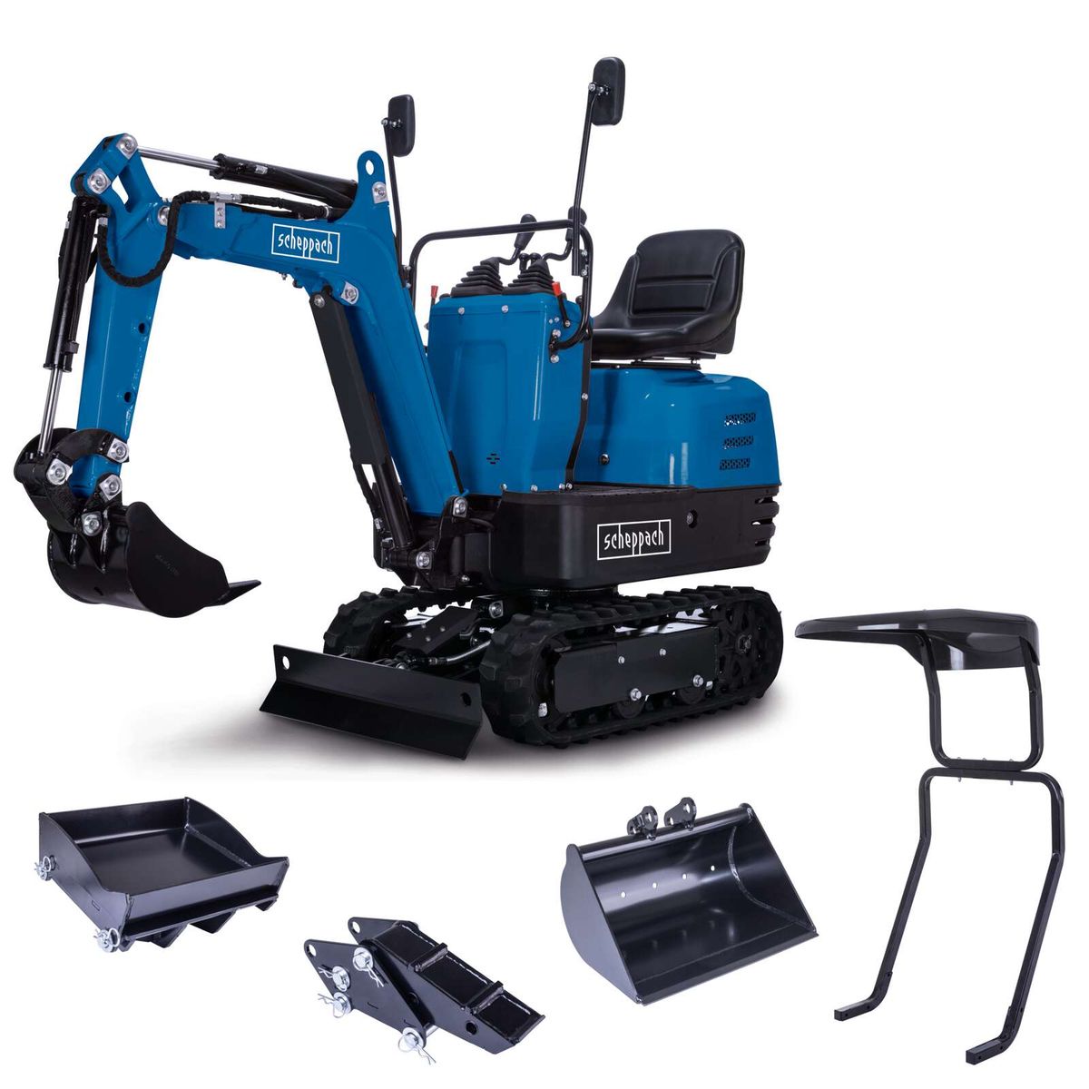 Benzin Mini-Bagger EXC815 mit 8,5 PS, 2330mm Grabweite, 690mm Spurbreite, Kettenantrieb, inkl. Baggerdach, Böschungslöffel und Baggerdaumen. Gezeigt von der Seite.