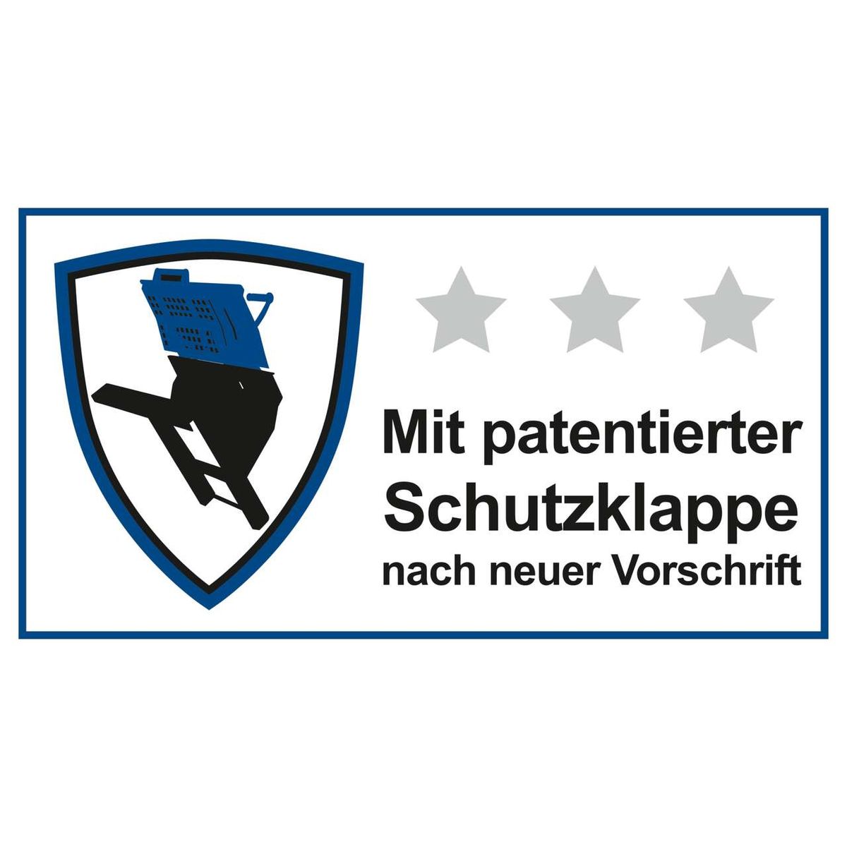 Mit patentierter Schutzklappe nach neuer Vorschrift. Drei Sterne als Qualitätsmerkmal.