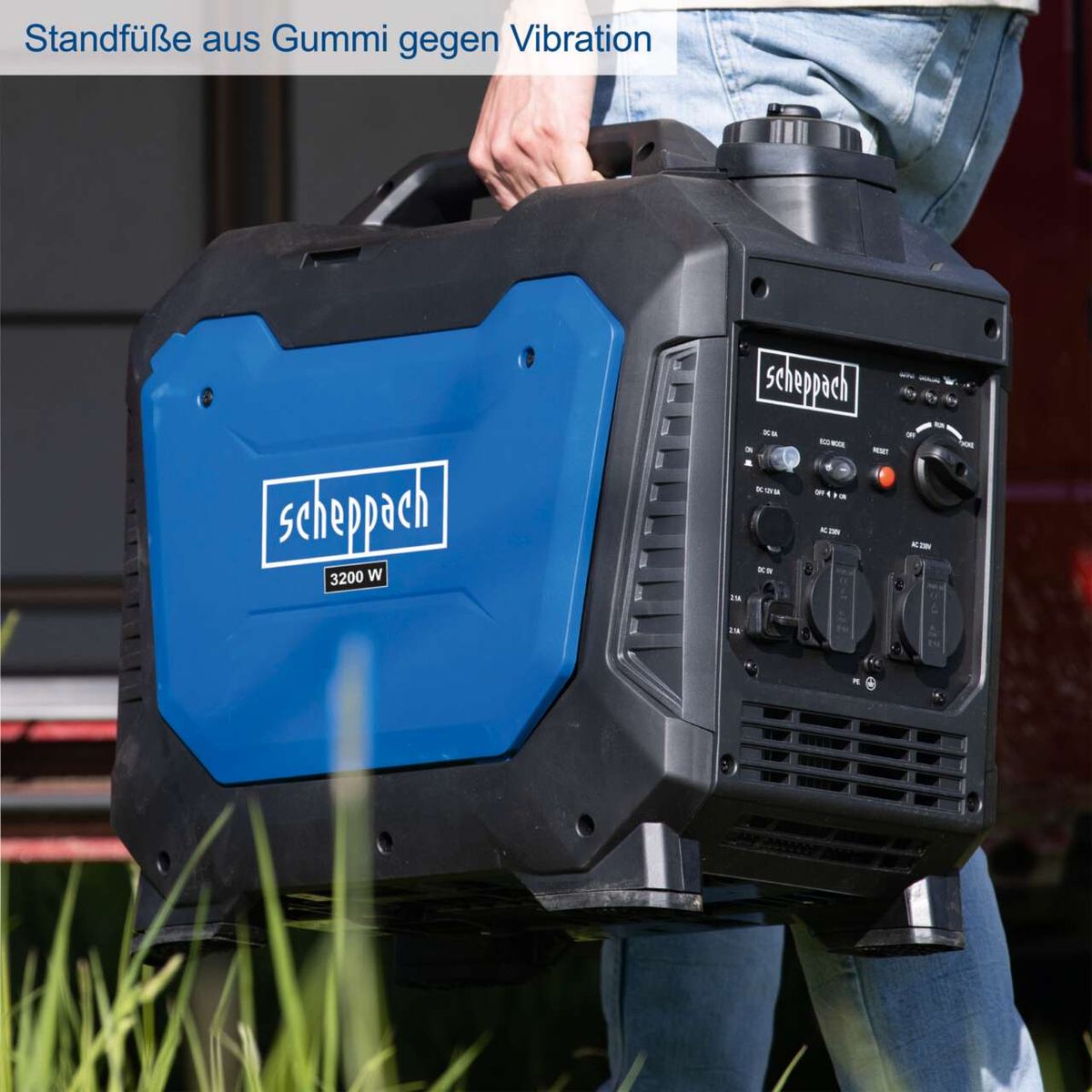 Der Scheppach Inverter Stromerzeuger SG3500i hat Standfüße aus Gummi gegen Vibration. Die Leistung beträgt 3200 Watt.