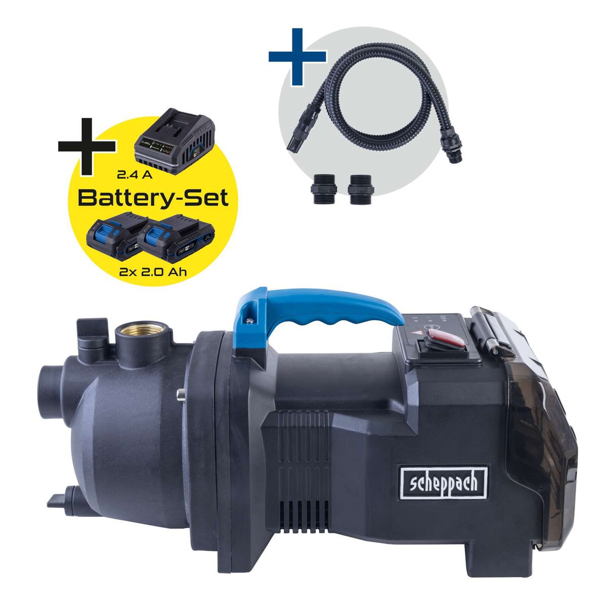 Akku-Gartenpumpe mit integriertem Akkuset (2x 2Ah) und Ladegerät (2,4A) für Scheppach C-GP3000-X