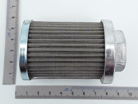 Ölfilter 125my von Scheppach, gezeigt von der Seite mit einem Maßstab zur Größenveranschaulichung.