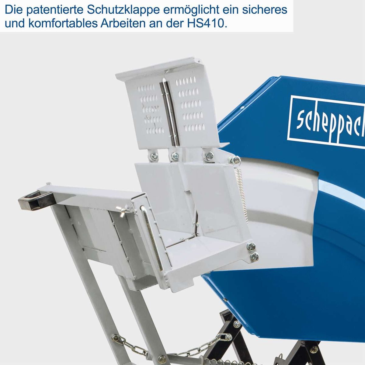 Die patentierte Schutzklappe der Wippsäge HS410 ermöglicht sicheres und komfortables Arbeiten. Sie schützt vor Verletzungen und erhöht die Präzision.