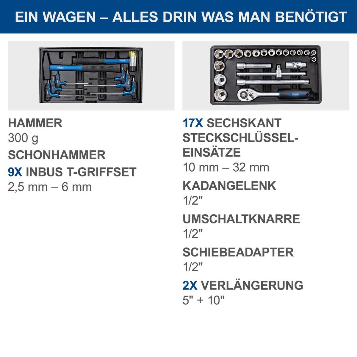 Der Werkstattwagen TW1200 von Scheppach enthält: 300 g Schonhammer, 9x Inbus T-Griffset (2,5 mm – 6 mm), 17x Sechskant-Steckschlüssel-Einsätze (10 mm – 32 mm), 1/2" Kadangelenk, 1/2" Umschaltknarre, 1/2" Schiebeadapter, 2x Verlängerung (5" + 10")