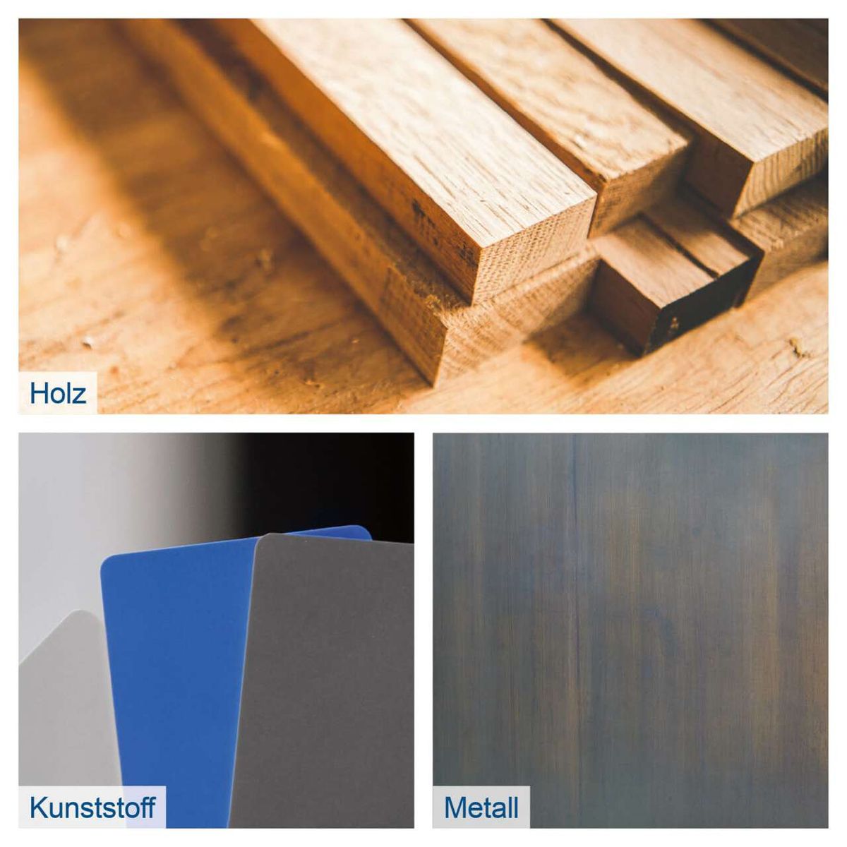 Das Bild zeigt verschiedene Materialien, die mit der Dekupiersäge DECO-FLEX bearbeitet werden können: Holz, Kunststoff und Metall. Die Säge ist vielseitig einsetzbar und eignet sich für präzise Schnitte in verschiedenen Materialien.