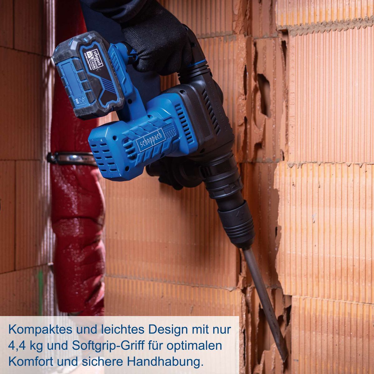 Kompatibler Akku-Abbruchhammer mit leichtem Design (4,4 kg) und ergonomischem Griff für optimale Handhabung und Komfort.