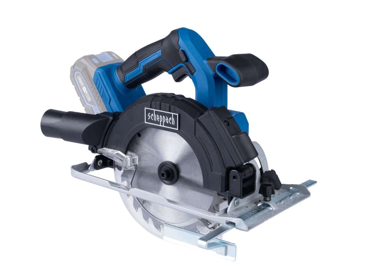 Cordless hand-held circular saw C-HCS165-X Scheppach, blade diameter 165mm, maximum cutting depth 53mm at 45°, LED, front view.