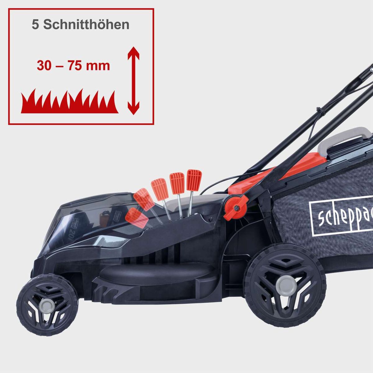 Der Akku-Rasenmäher BMP380-ProS von Scheppach bietet 5 Schnitthöhen von 30 bis 75 mm.