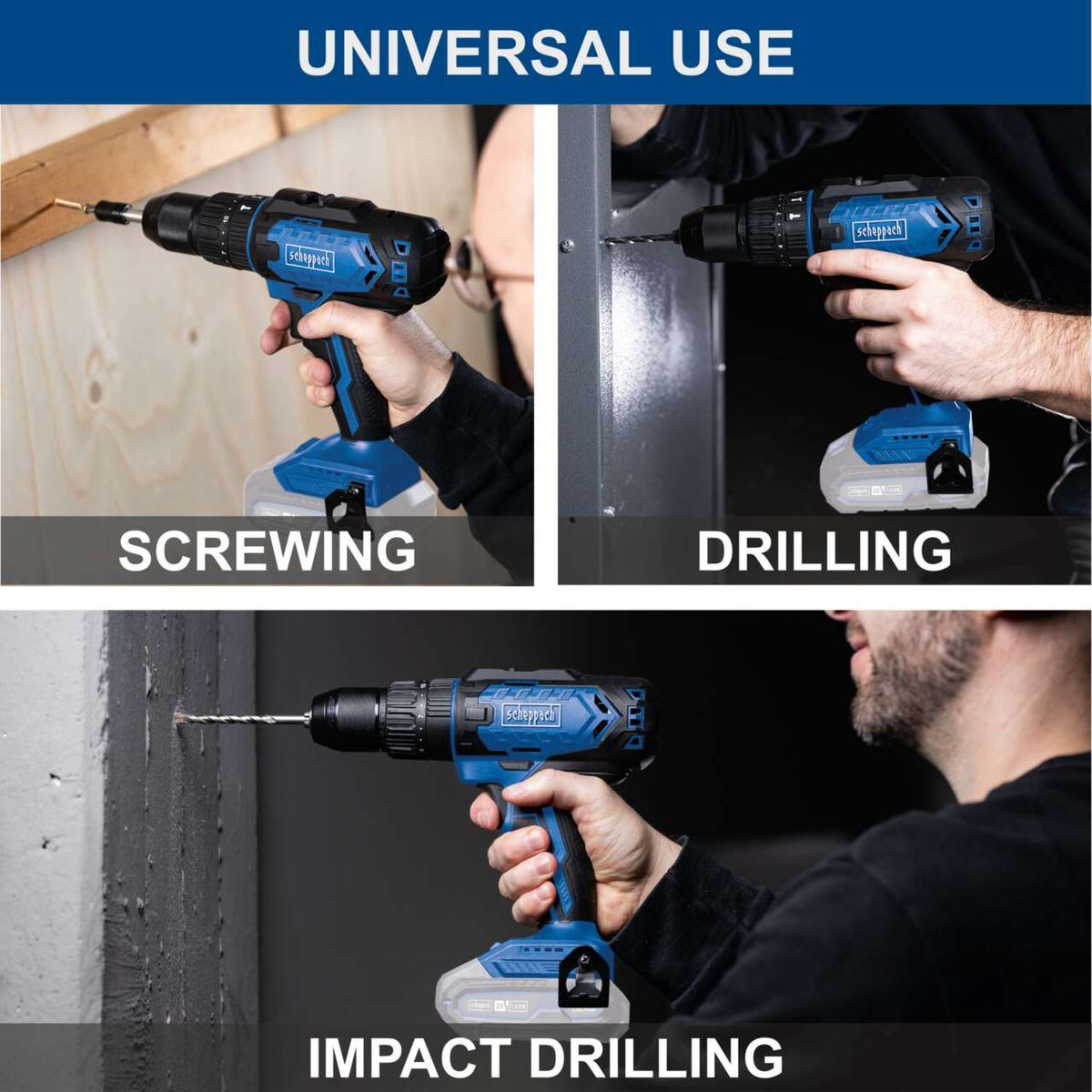 The Scheppach cordless impact drill C-CD45-X offers universal use for screwing, drilling, and impact drilling. It features a torque of 45 Nm and 19+1 torque settings.