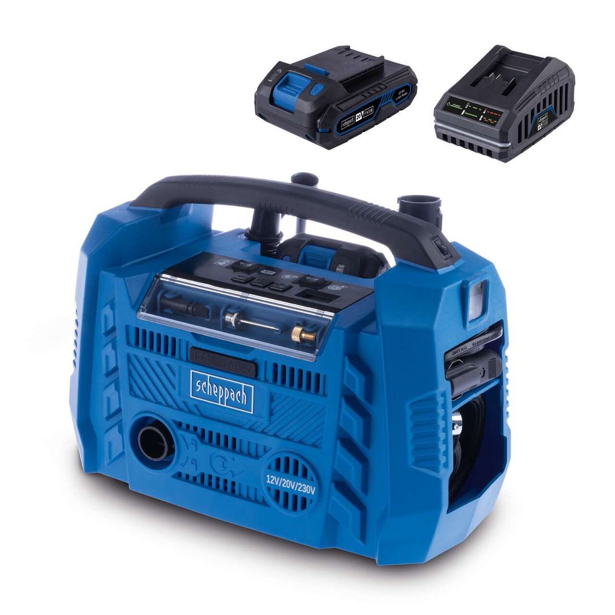 Scheppach Hybrid-Kompressor Airforce 6-Set mit Akku- und Netzadapter für professionelle DIY-Anwendungen