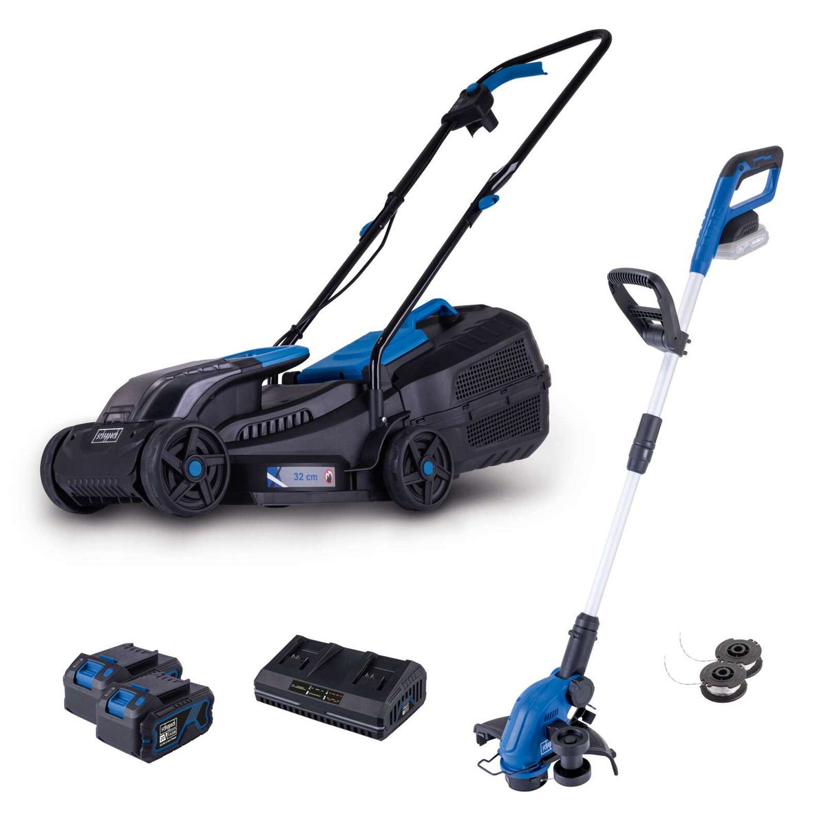 Das Akku-Maschinen-Set 2-tlg. BC-MP320-X + C-LT300-X von Scheppach. Enthält einen Rasenmäher mit 32 cm Schnittbreite und einen Laubbläser. Inklusive Akkus und Ladegerät. Ideal für Gartenarbeit.