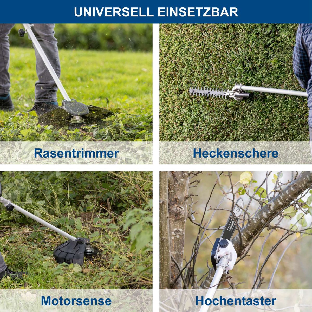 Multifunktionswerkzeug mit Rasenmäherfunktion, Heckenschere, Motorsäge und Hochstangenfunktion für Akku-Betrieb