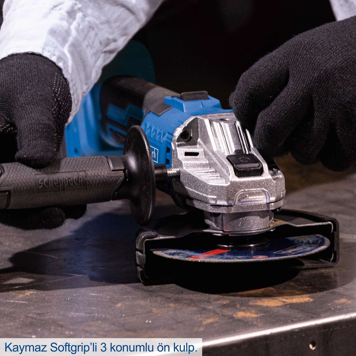 Der Scheppach Akku-Winkelschleifer C-AG125-X verfügt über einen Softgrip mit drei Positionen für optimalen Komfort und Kontrolle.