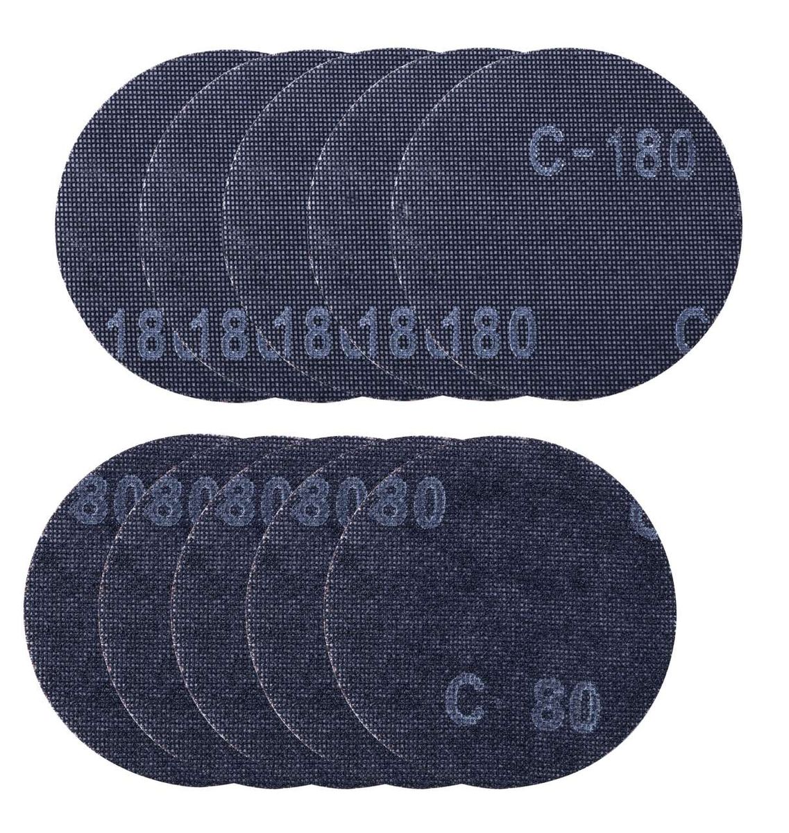 Scheppach Schleifgitter, 10 Stück, Ø 150mm, 5x K80 und 5x K180. Gezeigt von oben.