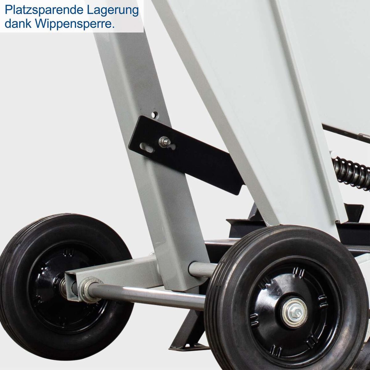 Wippsperre für platzsparende Lagerung eines Scheppach-Werkzeugs mit integrierten Rädern und Halterung