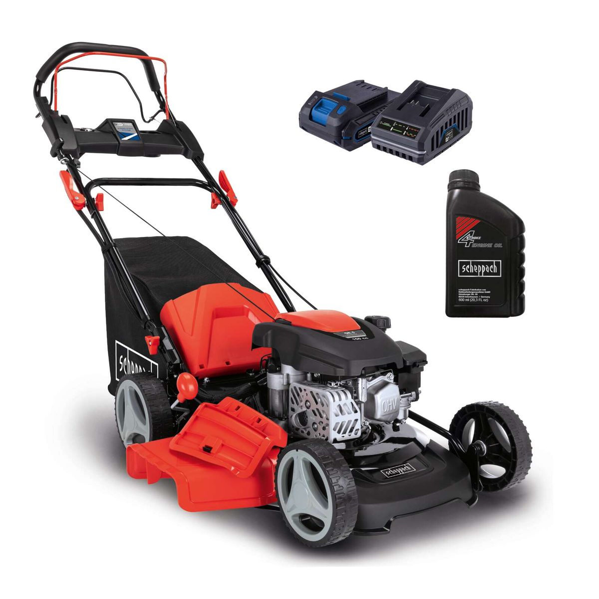 Der Rasenmäher MS150-46E von Scheppach mit 3,5 PS, 46 cm Schnittbreite, 55 Liter Fangkorb, Selbstantrieb und E-Start-Funktion. Inklusive Batterie und Ölkännchen.