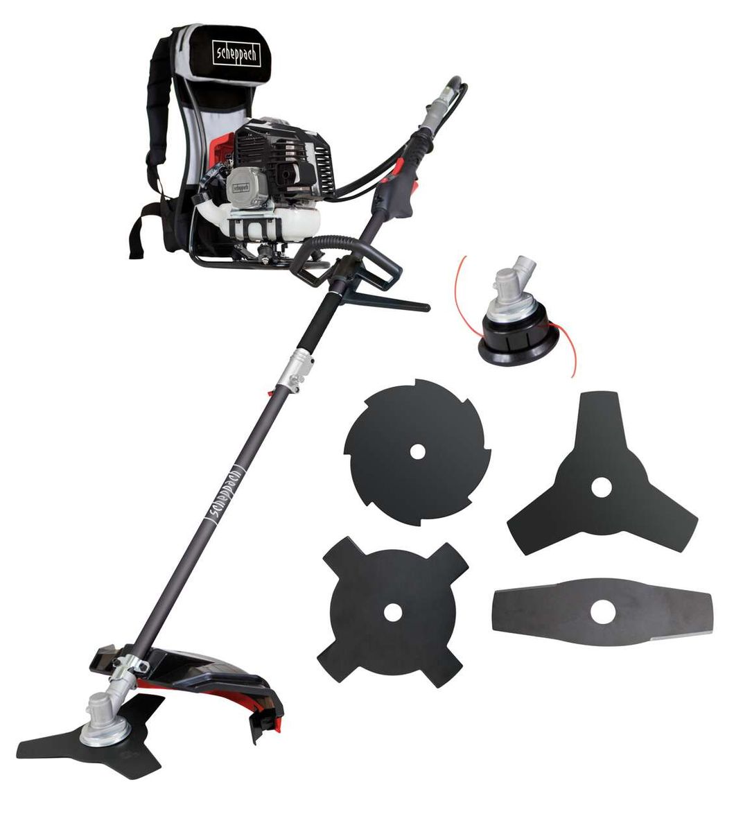 Freischneider BCH5300BP von Scheppach mit Zubehörteilen wie Schneidblättern und Messern. Der Freischneider ist von der Seite zu sehen.