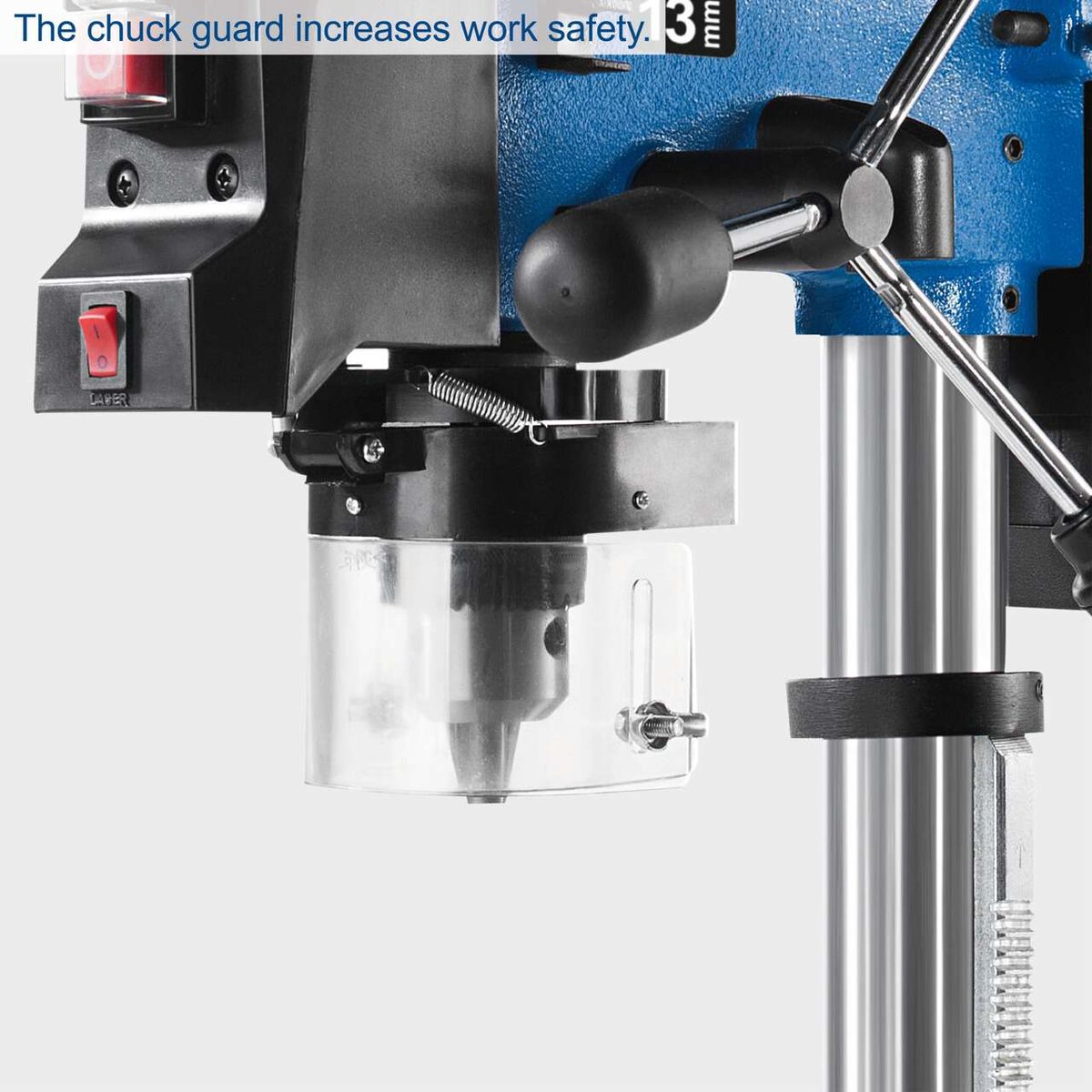 The Scheppach DP16SL bench pillar drill features a chuck guard that increases work safety. It has a power of 550W, variable speed, and comes with a laser.