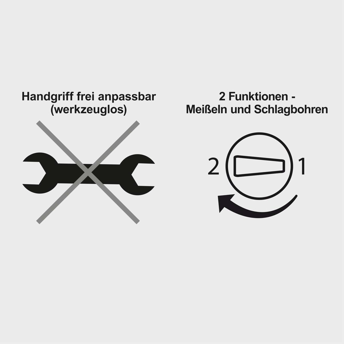 Handgriff werkzeuglos frei anpassbar. Zwei Funktionen: Meißeln und Schlagbohren.