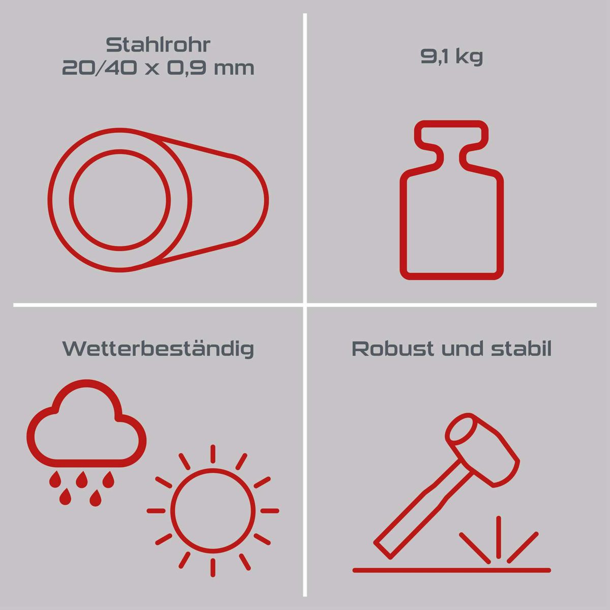 Wetterfeste Stahlrohrkonstruktion mit 20/40 mm Durchmesser und 0,9 mm Wandstärke, robust und stabil mit 9,1 kg Gewicht