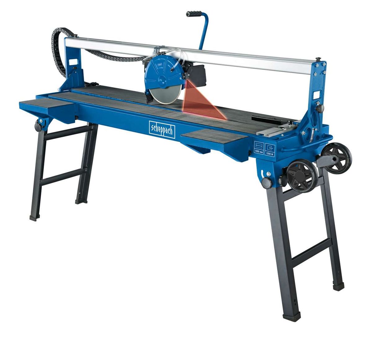 Fliesenschneidemaschine FS4700 von Scheppach, seitliche Ansicht. Die Maschine ist blau und weiß.