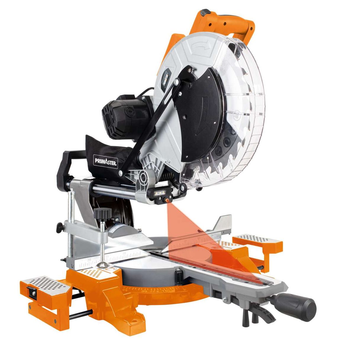 Kappzugsäge KZS-RI2100 primaster Globus. Frontansicht des Werkzeugs mit orangefarbenem Standfuß. Die Säge hat einen transparenten Schutzdeckel und einen schwarzen Motor.