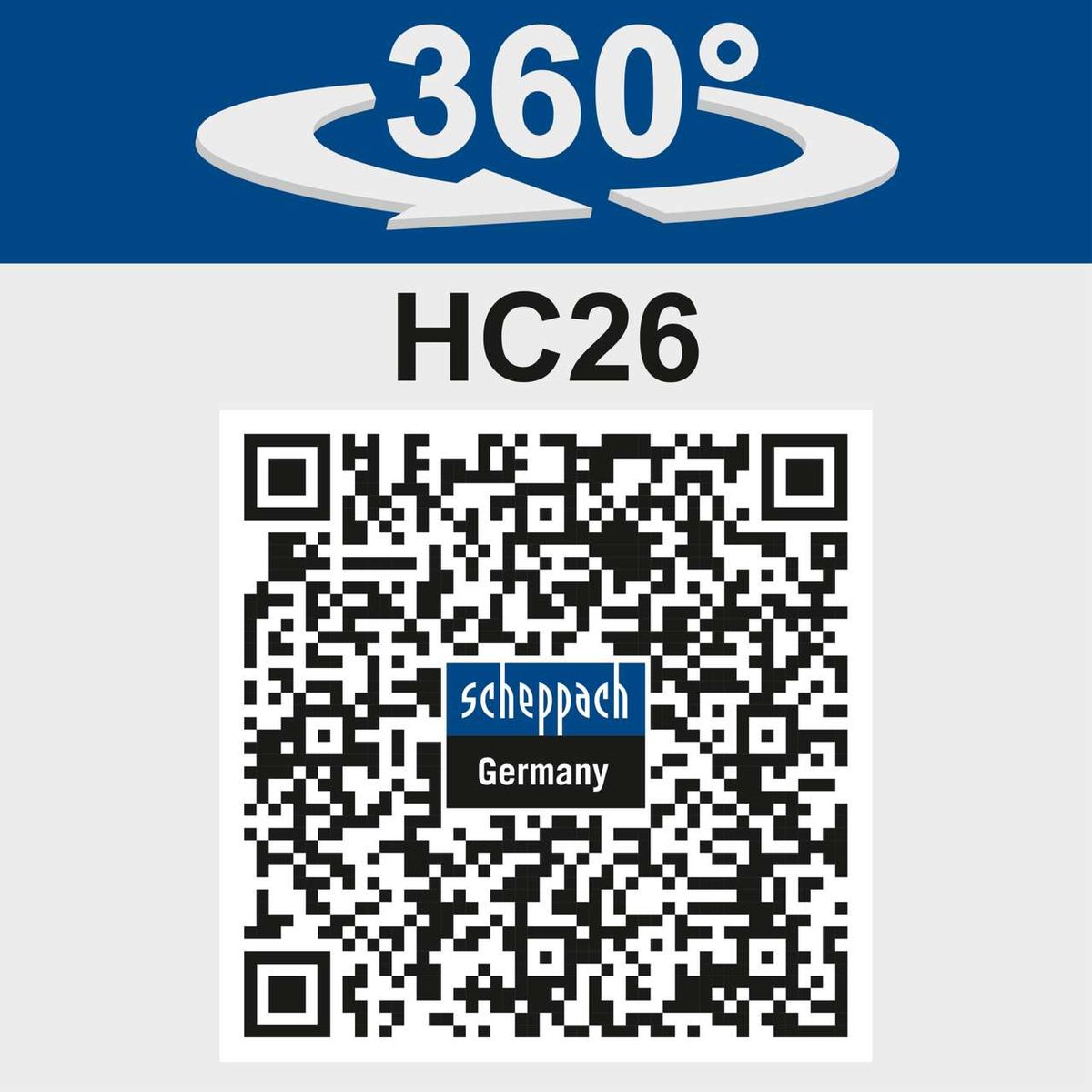 Der Scheppach Kompressor HC26 bietet einen 360°-Schwenkbereich für maximale Flexibilität. Weitere Details finden Sie unter dem QR-Code.