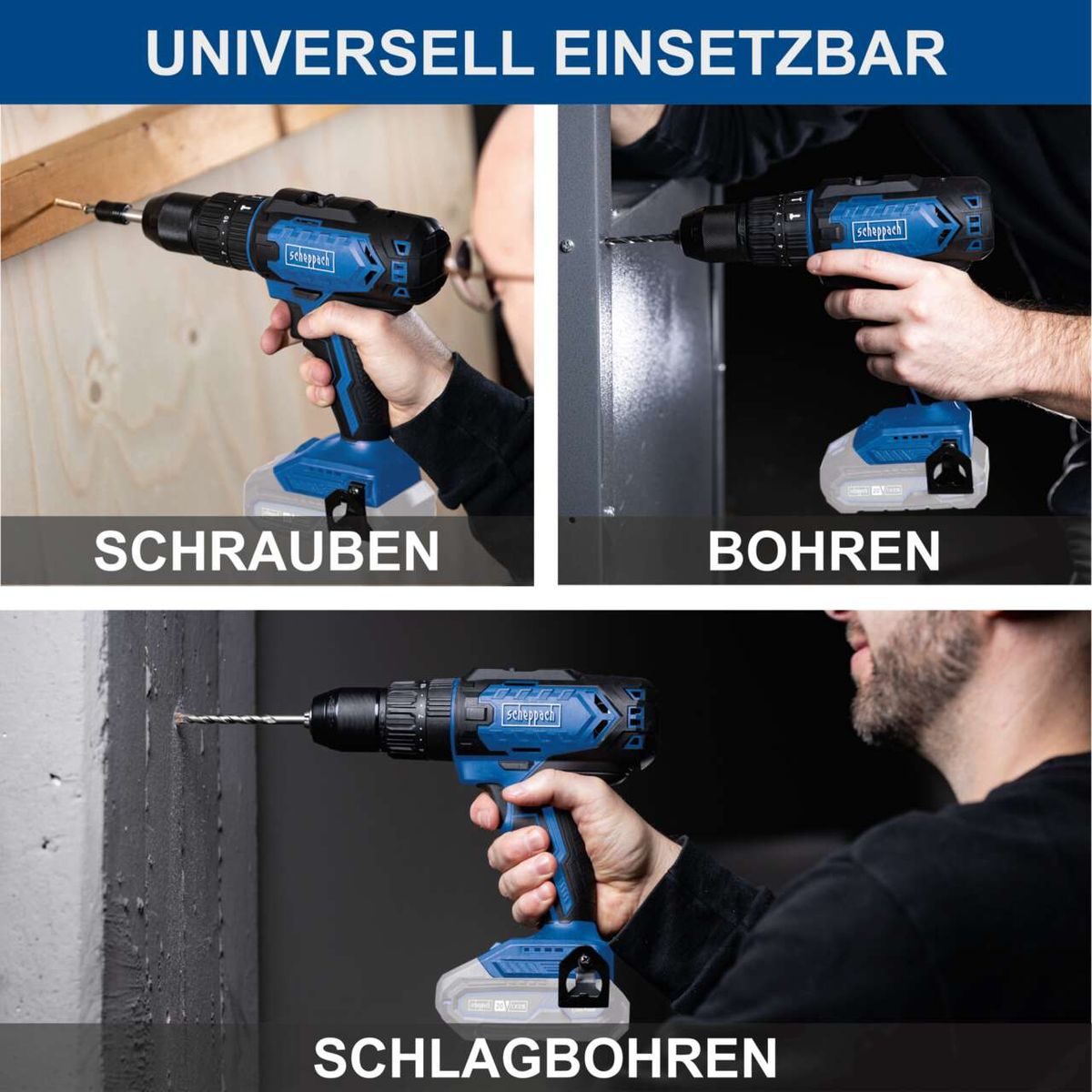 Die Scheppach Akku-Schlagbohrmaschine C-CD45-X bietet drei Funktionen: Schrauben, Bohren und Schlagbohren. Sie verfügt über ein Drehmoment von 45 Nm und 19+1 Drehmomentstufen.