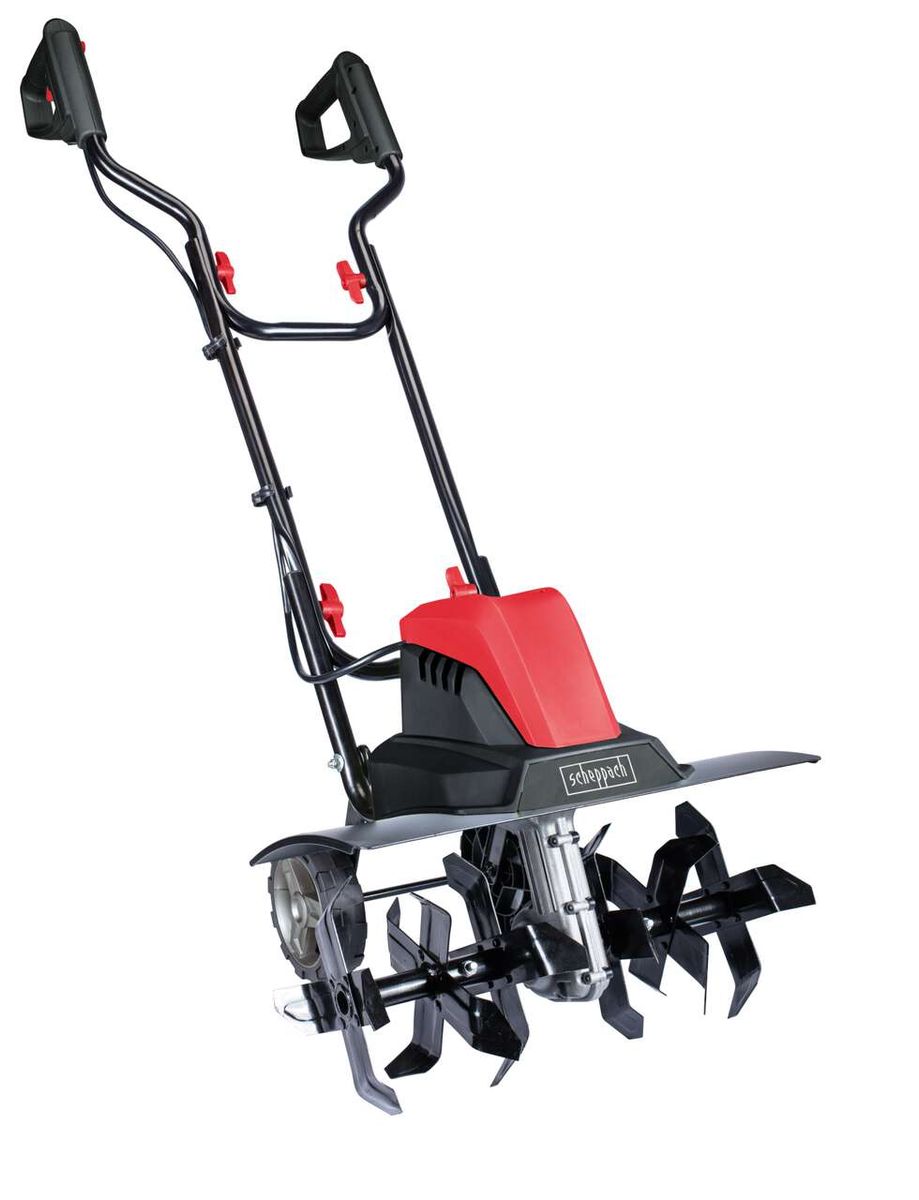 Motorhacke MTE460 von Scheppach, 230V, 1500W, 24 Messer, 450 mm Arbeitsbreite. Gezeigt von der Seite.