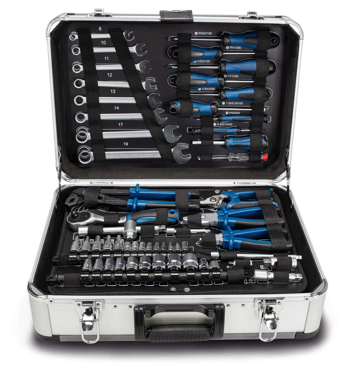 Scheppach Tool Kit TB150, open with various tools such as wrenches, pliers, and screwdrivers. Tools are secured in black loops.