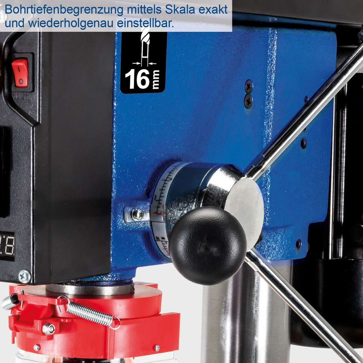 Die Tischbohrmaschine DP18 Vario von Scheppach bietet eine präzise und wiederholgenaue Bohrtiefenbegrenzung mittels Skala. Die maximale Bohrtiefe beträgt 16 mm.