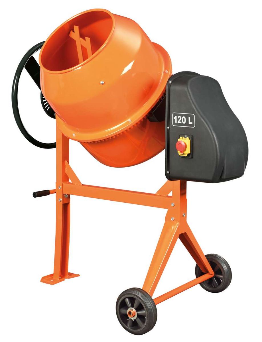 Betonmischer 120 Liter von Scheppach, inkl. Fahrvorrichtung, seitliche Ansicht.