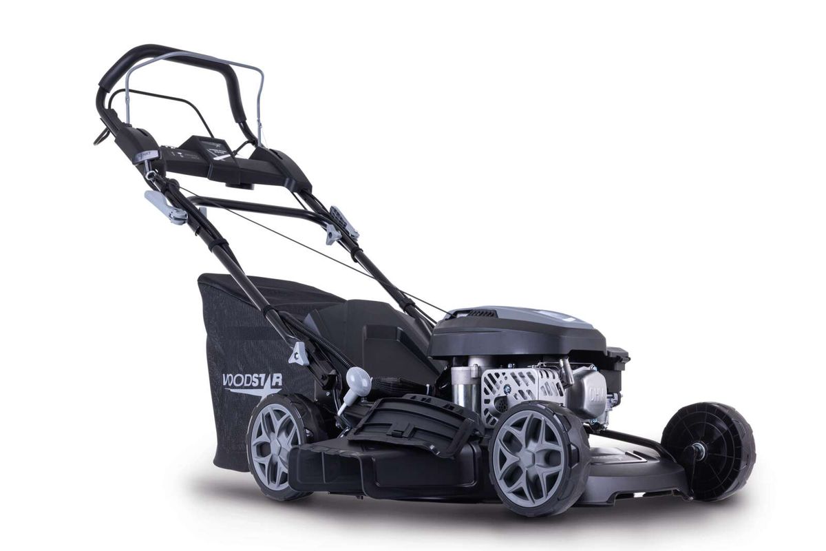 Scheppach Benzinrasenmäher mit höhenverstellbarem Deckel und Fangkorb