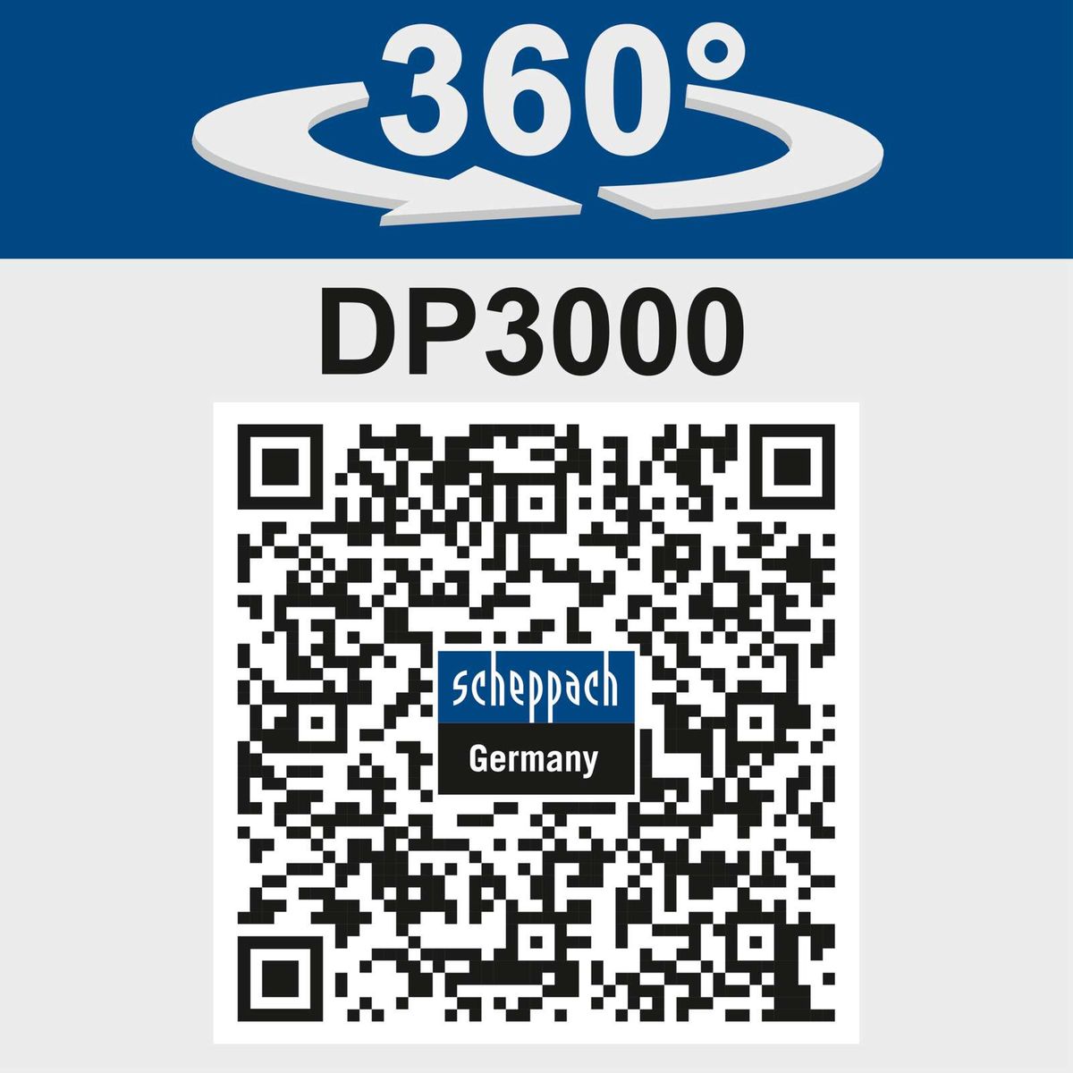 Der Scheppach DP3000 Dumper bietet eine 360-Grad-Drehung für maximale Flexibilität. Ideal für den Transport von Materialien auf Baustellen. Produktname und Herkunft sind im QR-Code enthalten.