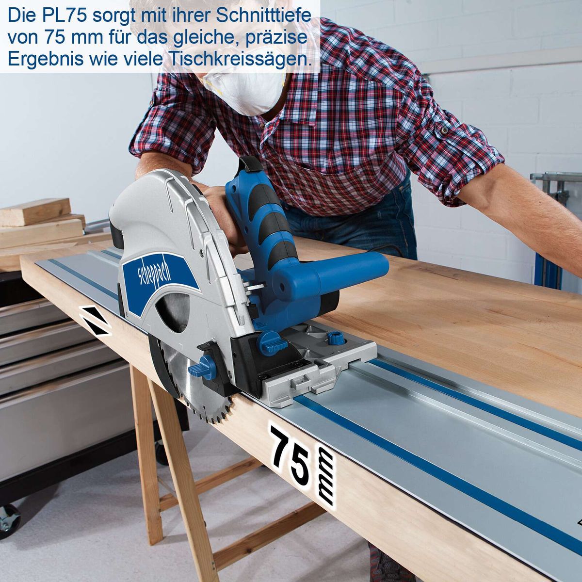 Scheppach Tauchsäge PL75 mit 75 mm Schnittiefe für präzise Arbeiten, wie im Bild gezeigt