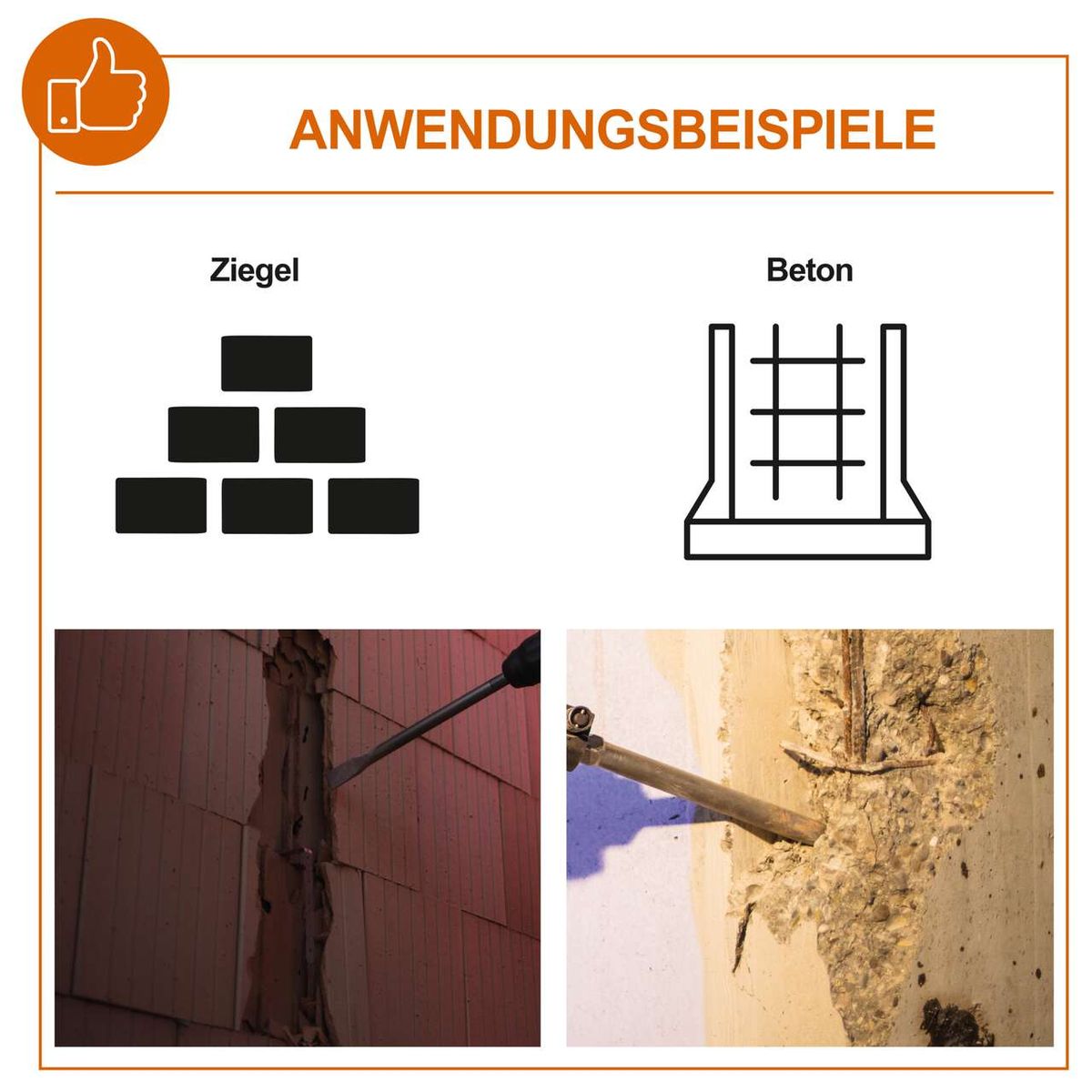 Der Elektro-Abbruchhammer IX-DB1500 IXES eignet sich für Ziegel und Beton. Die Abbildung zeigt die Anwendung an einer Ziegelwand und einer Betonwand.