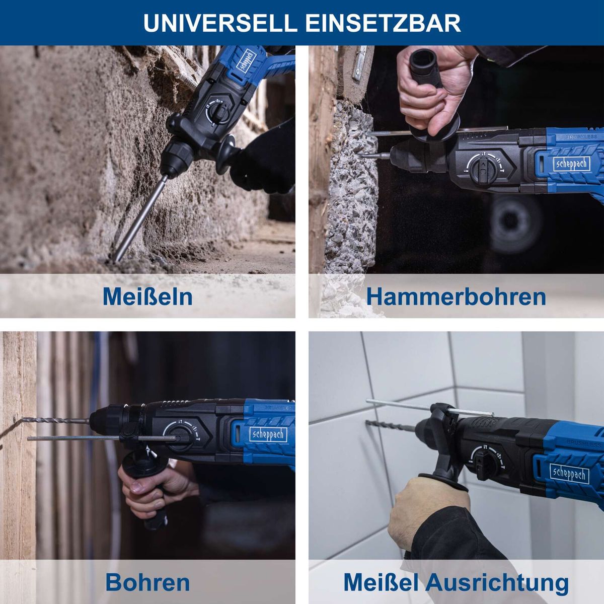 Meißelausrichtung und Bohr-/Hammerfunktion eines Akku-Bohrhammers mit SDS-Plus-System für präzise Arbeiten