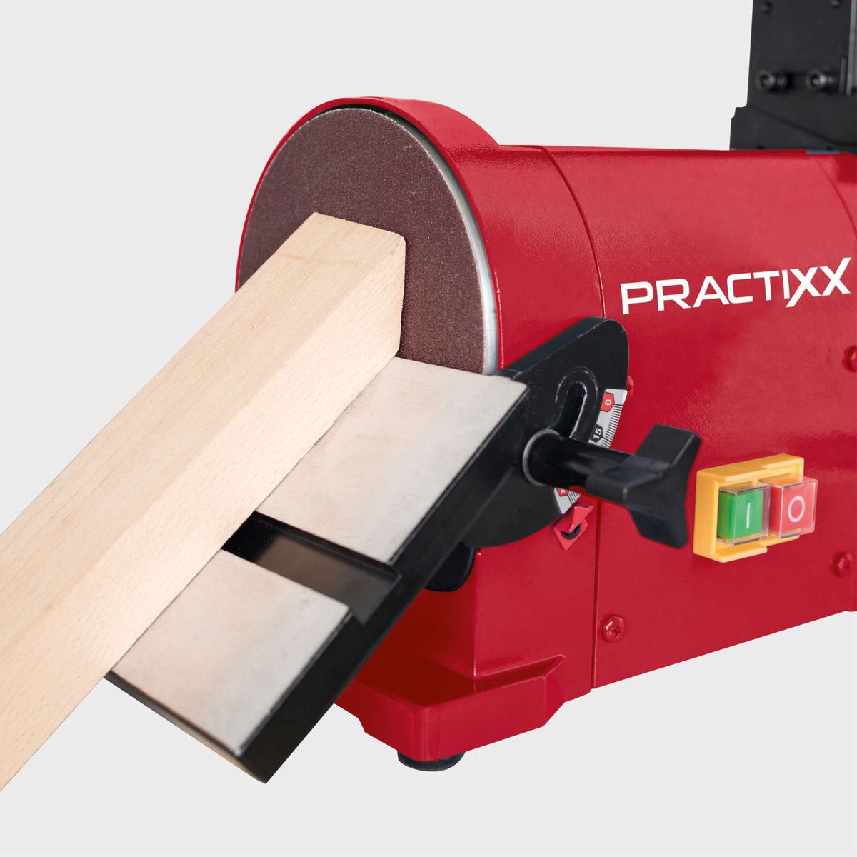 Band- und Tellerschleifer PX-BTS-450 Practixx mit 450W Leistung. Bandgröße: 100 x 915 mm, Tellerdurchmesser: 150mm. Die Maschine verfügt über eine verstellbare Schutzabdeckung und eine Skala zur Einstellung der Schleiftiefe.