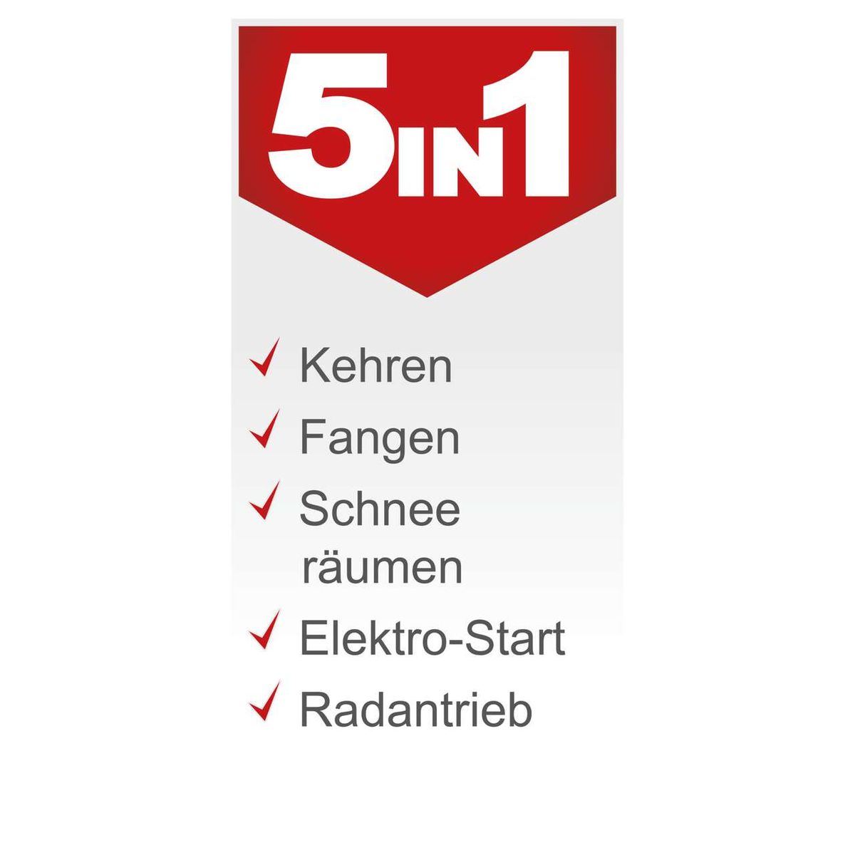 Die Kehrmaschine SC2200PE von Scheppach bietet folgende Funktionen: Kehren, Fangen, Schnee räumen, Elektro-Start und Radantrieb.