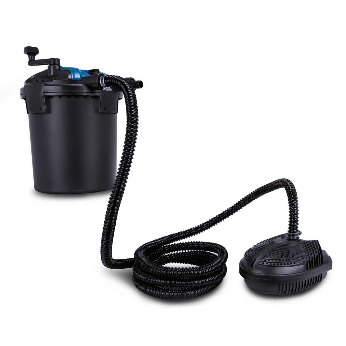 Teichdruckfilter Set PFS8000 mit 2500 L/h Fördermenge, 11 W UV-C Lampe und Teichfilter. Enthält Filtergehäuse, Schlauch und Ausströmplatte.