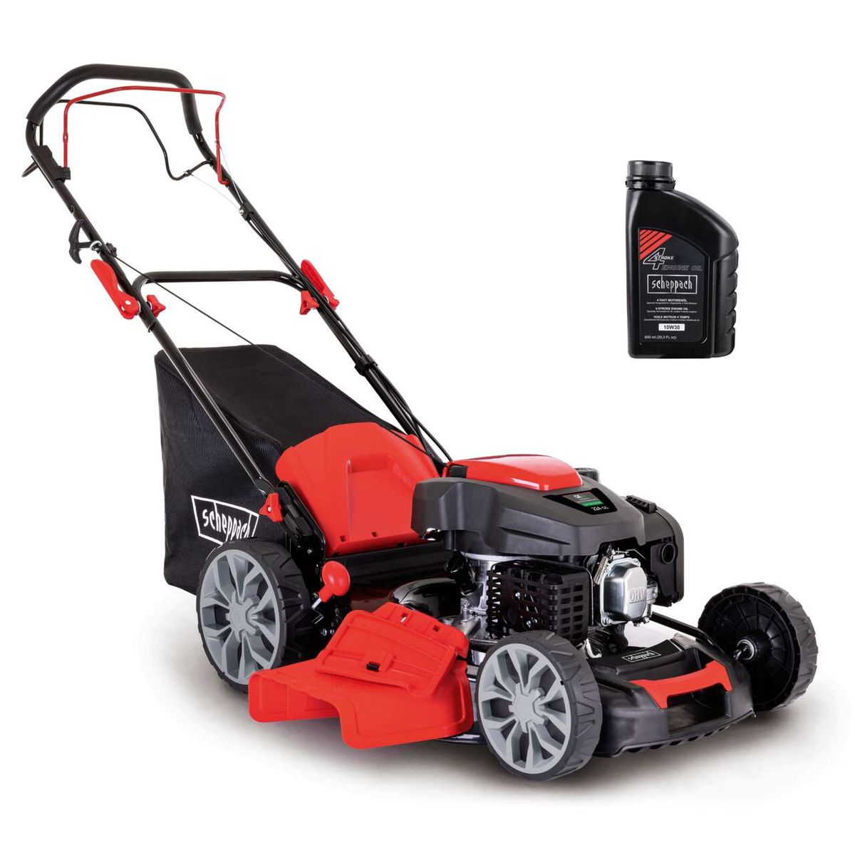 Der Scheppach Benzin-Rasenmäher MS225-56 mit 6PS, 56cm Schnittbreite, Antrieb und 65L Fangbox. Enthält 10W30 Öl für den Motor. Gezeigt von der Seite.