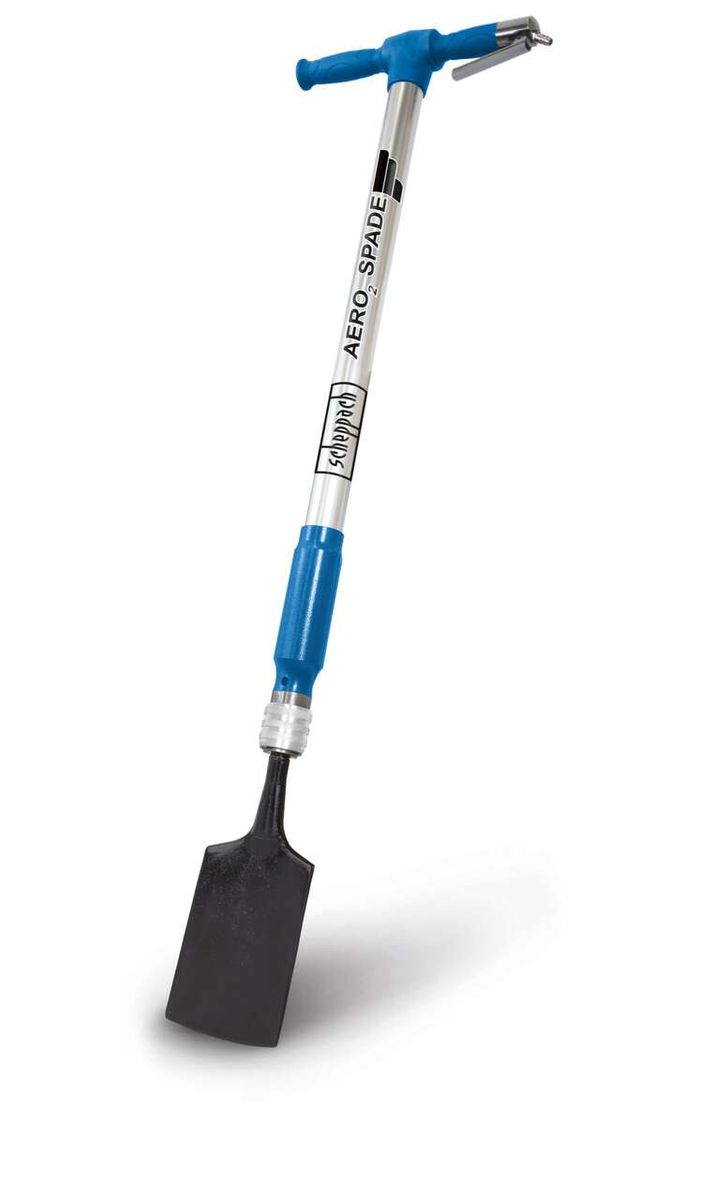 Scheppach Aero² Spade Druckluftspaten, gezeigt von der Seite.