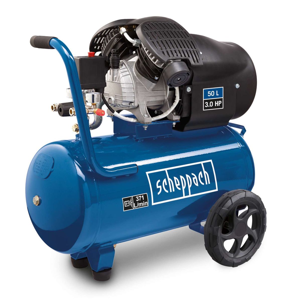 Der Scheppach Kompressor HC53DC hat einen 50-Liter-Tank, eine Leistung von 3,0 PS und eine Fördermenge von 371 Litern pro Minute.