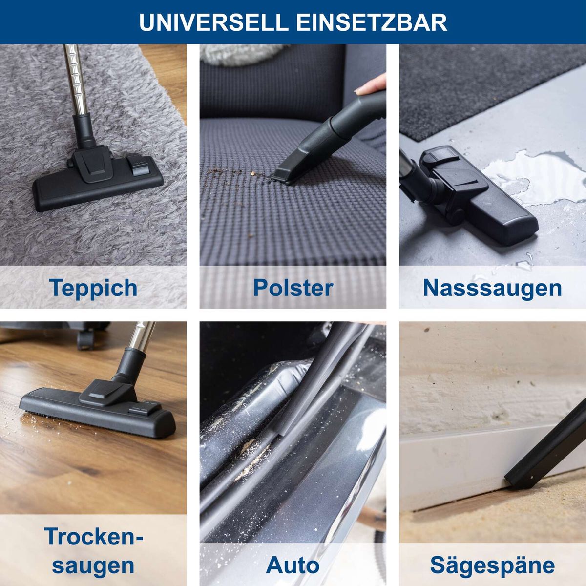 Versiegelte Übersicht der universellen Akkuschlauchreinigungsfunktionen für Scheppach-Produkte: Teppich, Polster, Nasssaugen, Trockensaugen, Auto, Sägespäne